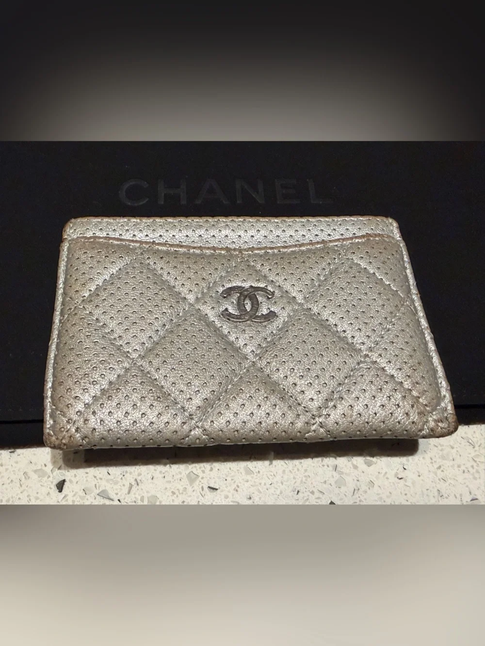 CHANEL Quilted Metallic Silver Card Case